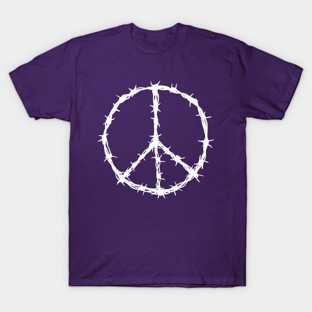 Barbed Wire Peace Sign (white print) T-Shirt by Stupiditee